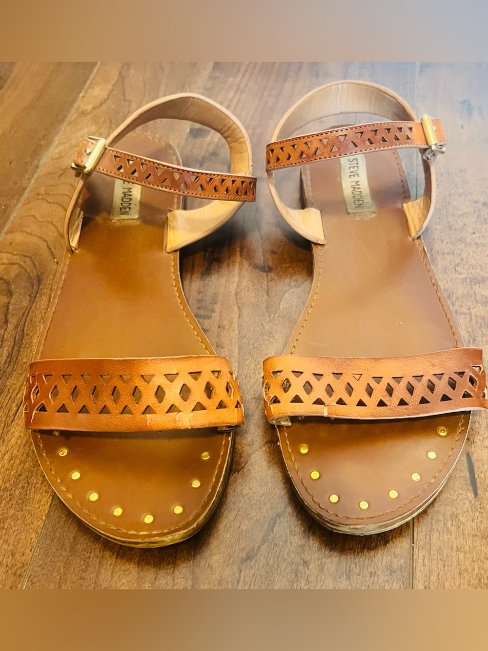 Steve Madden Brown Laser-Cut Ankle Strap Sandals